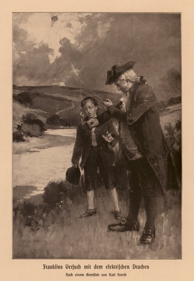 Benjamin Franklin undersøger lyn (litografi) af Karl Storch