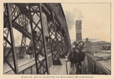På Grunental-højbroen over Kielerkanalen, Tyskland (kobberstik) af Karl Storch