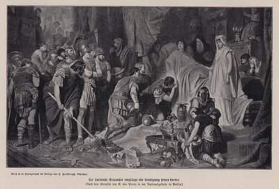 Den døende Alexander den Store modtager hyldest af sin hær, Babylon, 323 f.Kr. (litho) af Karl Theodor von Piloty