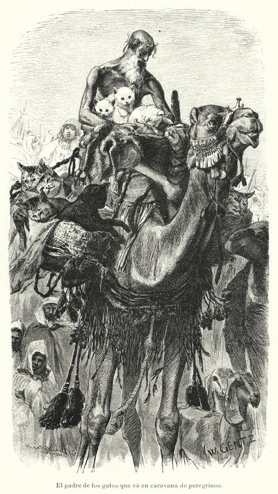 Vogter for katte, der rejser med en karavane af pilgrimme (litho) af Karl Wilhelm Gentz