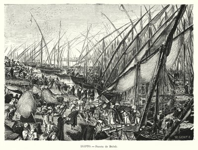 Kajer ved Nilen ved Bulaq, Kairo, Egypten (litho) af Karl Wilhelm Gentz