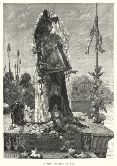 Ofring af en jomfru til Nilen i det gamle Egypten (litho) af Karl Wilhelm Gentz