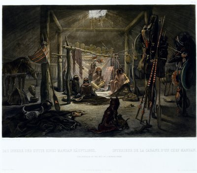 Det indre af en mandanhøvdings hytte, indgraveret af Narcisse Edmond Desmadryl (f.1801) ca. 1835 (gravering med akvatinte) af Karl after Bodmer