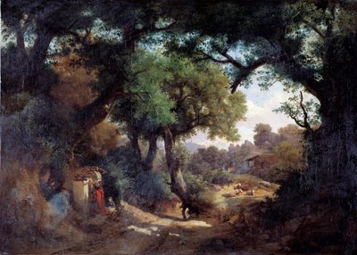 Repræsentation af maleren Andrea del Castagno (1419-1457) med hyrde i et landskab (Portræt af maleren Andrea del Castagno og en hyrde i et landskab) Maleri af Carlo Marko junior (1822-1891) 1863 Dim 59x83 cm Genes, Galleria d 
