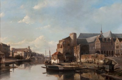 En Capriccio-udsigt over en hollandsk by langs en flod af Kaspar Karsen