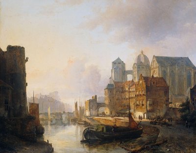 Imaginær udsigt over en by ved floden med Aachen-katedralen af Kasparus Karsen (signed by artist)