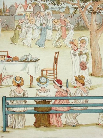En havefest (farve litho) af Kate (after) Greenaway