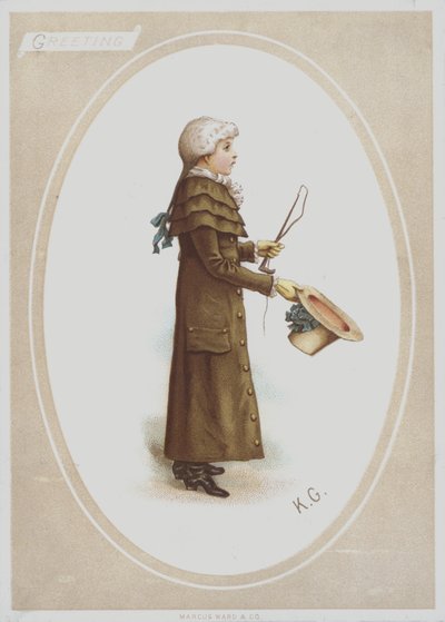 Dreng i lang brun frakke, med paryk og holder hat og jagtpisk (farve litho) af Kate (after) Greenaway