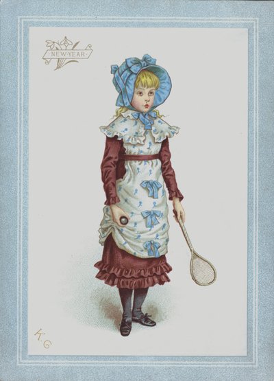 Pige i kjole og motorhjelm, holder fjerbold og ketsjer (farve litho) af Kate (after) Greenaway