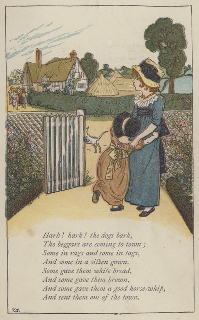 Hark! hark! hundene gøer (farve litho) af Kate (after) Greenaway