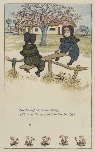 See-saw-Jack i hækken (farve litho) af Kate (after) Greenaway