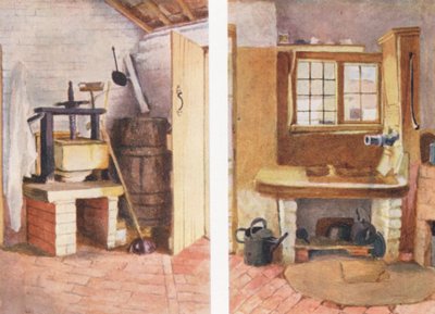 Køkkenpumpen og den gamle ostepresse, Rolleston (farvelitografi) af Kate (after) Greenaway