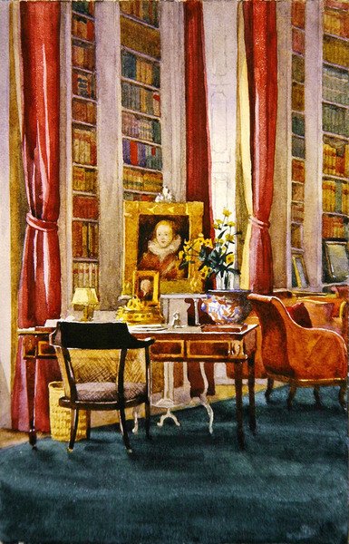 Library, Althorp, Northamptonshire, ca. 1890 (akvarel på papir) af Kate Barnard