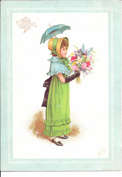 Et victoriansk lykønskningskort med børn i fancy kostume, der danser, ca. 1880 af Kate Greenaway