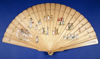 A large wooden Brise fan painted in colors with groups of children at various pursuits, dani af Kate Greenaway