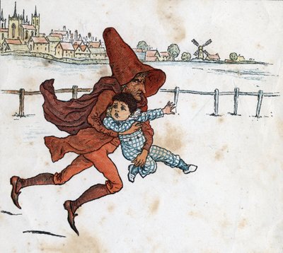 En leprechaun tager et lille barn. Illustration af Kate Greenaway (1846-1901) fra børnehistoriebogen "" Under The Window"" (1879), redigeret af Edmund Evans. af Kate Greenaway