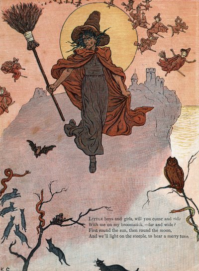 En heks og hendes kost omgivet af sorte katte, flagermus og ugle. (Små drenge og piger, vil du komme og ride med mig på mit kosteskaft?) ) Illustration af Kate Greenaway (1846-1901) fra bogen med eventyr og børnerim for børn "" Under The Window" af Kate Greenaway