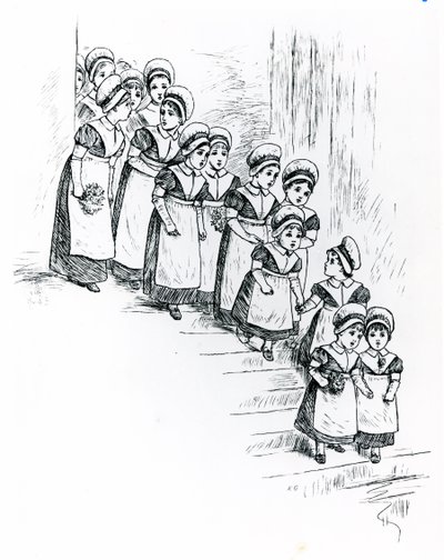 Velgørenhedsbørn, ca. 1880 (gravering) af Kate Greenaway