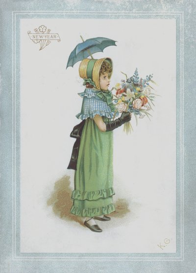 Pige i grøn kjole, holder parasol og en buket blomster af Kate Greenaway