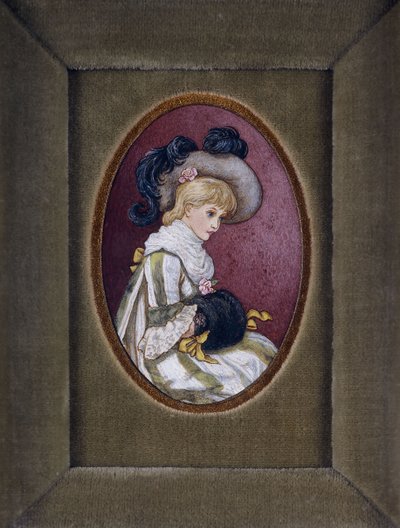 Ovalt portræt af en blond pige iført en plymerhat med hænderne inde i sin muffe af Kate Greenaway