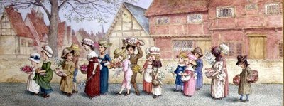 Procession af seksten børn, der bærer blomster, ca. 1876 (akvarel på papir) af Kate Greenaway