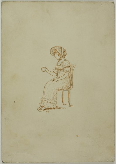 Siddende pige holder tekop af Kate Greenaway