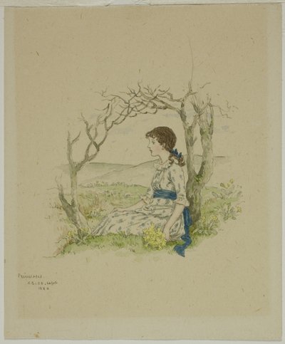 Siddende pige med primula af Kate Greenaway