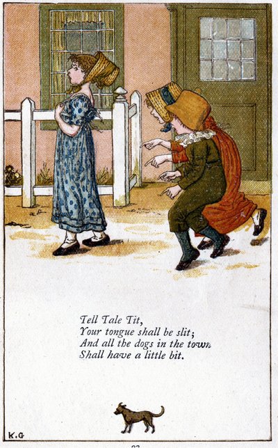 Fortællemejse/Din tunge skal skæres over: Illustration af Kate Greenaway (1846-1901) til en bog med børnerim. Kromolitografi af Kate Greenaway