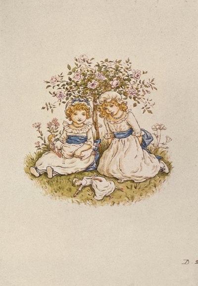 To piger med dukker, der sidder under en rosenbusk, 1800-tallet af Kate Greenaway