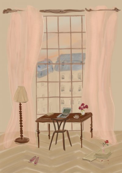 Illustration af udsigt fra et vindue i Paris med rustikt skrivebord af Katharina Puritscher