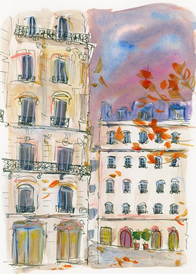 Et gadehjørne i Paris med lilla himmel af Katharina Puritscher