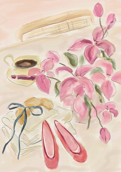 Stilleben-akvarelillustration med ballerinaer af Katharina Puritscher