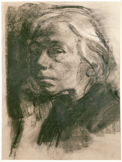 Käthe Kollwitz, selvportræt (kul på papir) af Kathe Schmidt Kollwitz
