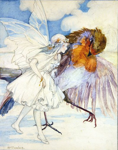 Cock Robin and the Flower Fairy (blyant og akvarel på papir) af Kathleen Wallis Coales
