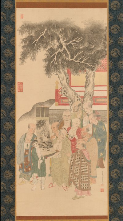 Ten Rakan undersøger et maleri af hvidklædte Kannon, 1792. af Kato Nobukiyo