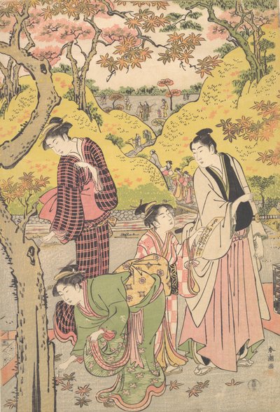 En ung mand, to unge kvinder og en pige til en picnicfest, ca. 1789. af Katsukawa Shuncho