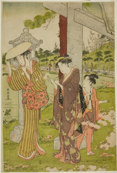 Plukker blomster ved Kumano Junisha-helligdommen i Tsunohazu af Katsukawa Shuncho