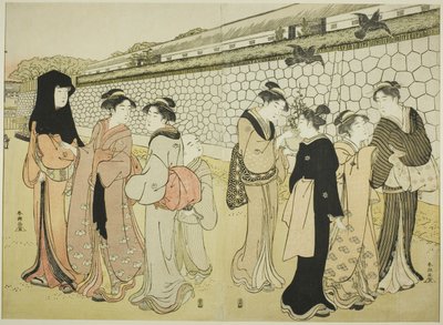 Kvinder, der går ved en voldgrav af Katsukawa Shuncho