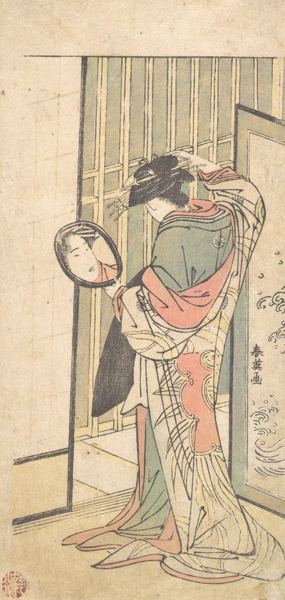 En kurtisane ser på sin refleksion i et håndspejl, ca. 1787. af Katsukawa Shun