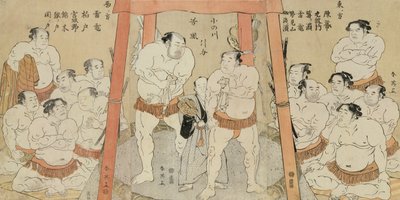 En triptykon, der viser uafgjort i kampen mellem Onogawa og Tanikaze (træbloktryk på papir) af Katsukawa Shunei