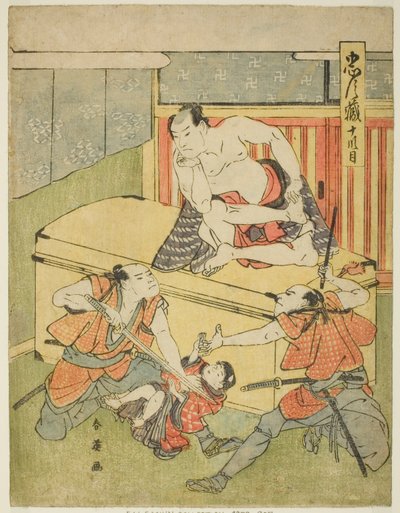 Tiende akt: Amakawaya House fra stykket Chushingura (Skatkammeret for de syvogfyrre loyale tjenere) af Katsukawa Shun