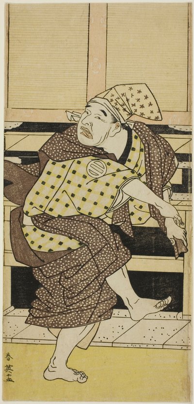 Skuespiller Asao Tamejûrô I som beruset Gotôbei, der danser sambasô i "Yoshitsunes Koshigoe-petition" ("Yoshitsune Koshigoe jô") af Katsukawa Shun