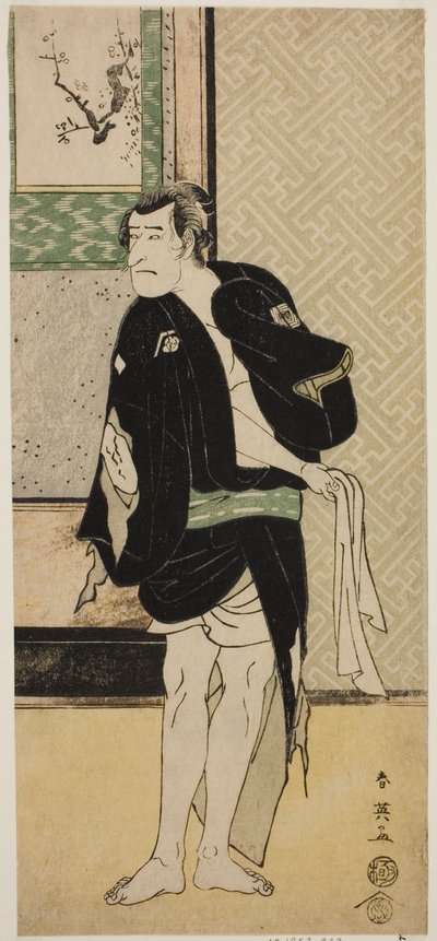 Skuespilleren Ichikawa Komazo II som Soga no Dozaburo forklædt som rakkeren Tobei () i stykket Haru no Nishi Date-zome Soga (), opført på Nakamura-teatret () i den første måned, 1790 () af Katsukawa Shunei