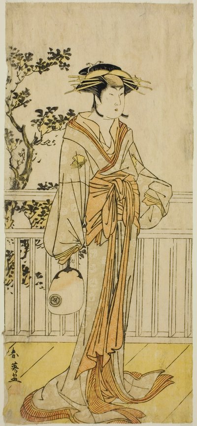Skuespilleren Iwai Hanshiro IV som Okumi fra Mieido Fan Shop () i skuespillet Sanjuk-koku Yobune no Hajimari (), opført på Ichimura-teatret () i den femte måned, 1789 () af Katsukawa Shun