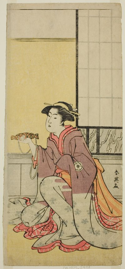 Skuespilleren Iwai Hanshiro IV som Yae () i skuespillet Sugawara Denju Tenarai Kagami (), opført på Kiri-teatret () i den syvende måned, 1788 () af Katsukawa Shun