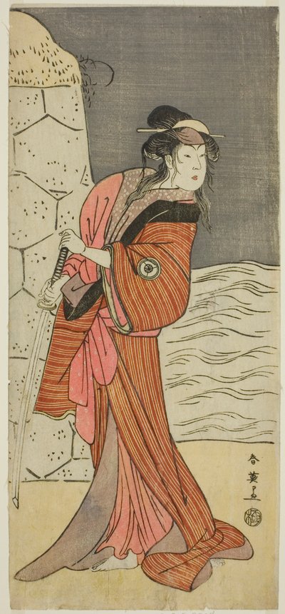 Skuespilleren Iwai Hanshiro IV som Yaegushi no Oroku () i skuespillet Keisei Kogane no Hakarime (), opført på Kawarazaki-teatret () i den tredje måned, 1792 () af Katsukawa Shun