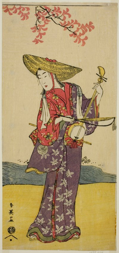 Skuespilleren Sawamura Tamagashira som spadserende musiker i stykket Dai Danna Kanjincho, opført på Kawarazaki-teatret i den ellevte måned, 1790 af Katsukawa Shun