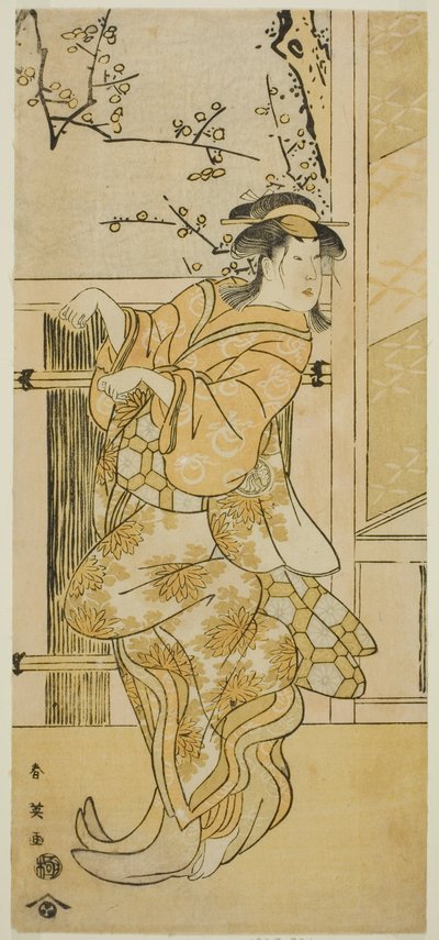 Skuespilleren Segawa Kikunojo III som Kojoro-gitsune (kvindelig ræv) forklædt som Omiki i stykket Komachi-mura Shibai no Shogatsu, opført på Nakamura-teatret i den ellevte måned, 1789 af Katsukawa Shun