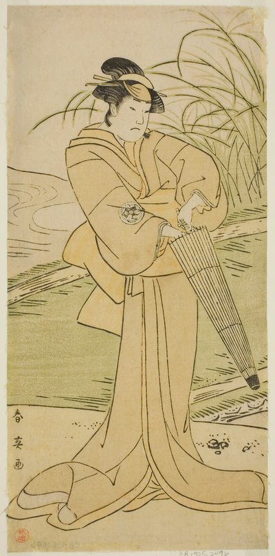 Skuespilleren Yamashita Kinsaku II som Okaya i stykket Yomogi Fuku Noki no Tamamizu, opført på Kiri-teatret i den femte måned, 1795 af Katsukawa Shun