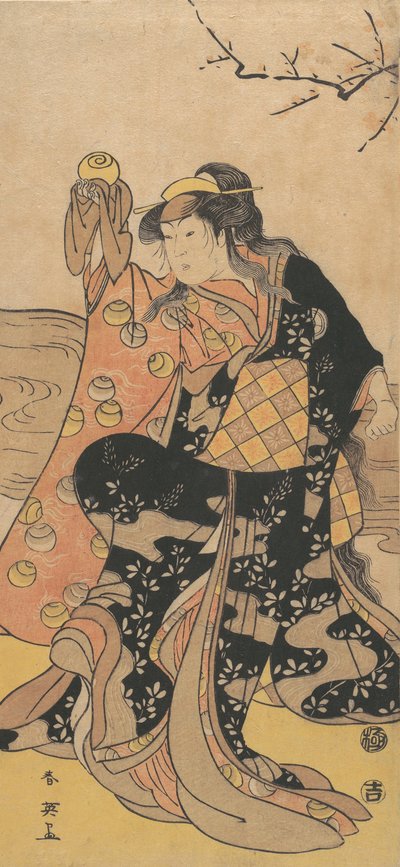 Den fjerde Iwai Hanshiro som en kvinde, der holder en krystalkugle og danser på bredden af ..., ca. 1788. af Katsukawa Shun